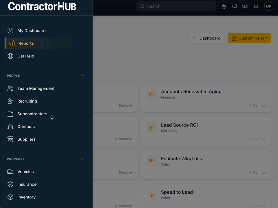 ContractorHUB navigation showing all business modules in one connected system