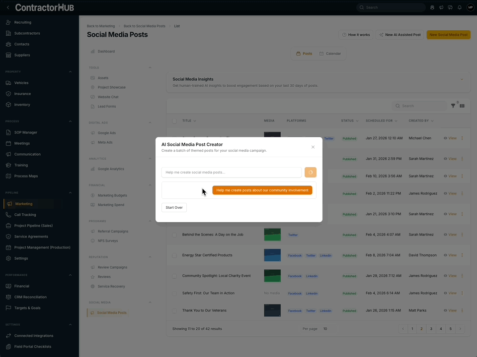 ContractorHUB AI-powered social media post generator automating real workflows