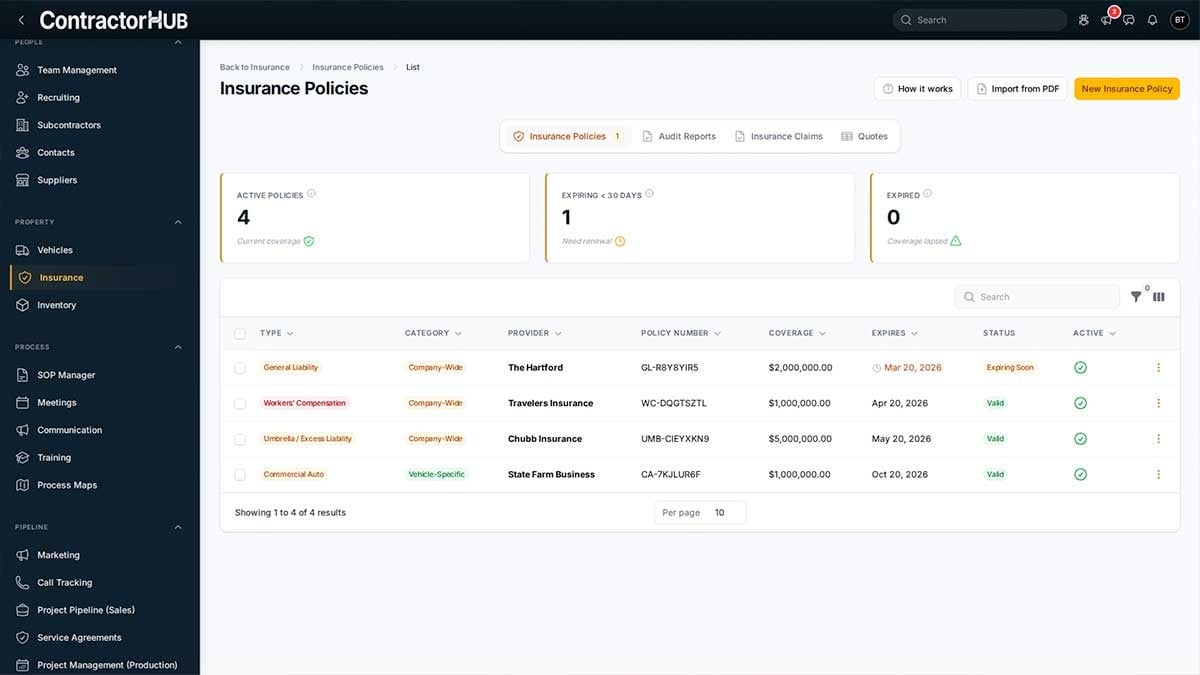 Screenshot of ContractorHUB's Insurance Policy Management feature. 