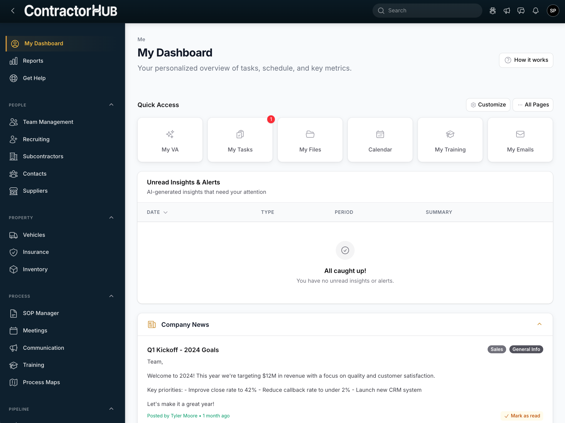 ContractorHUB user dashboard