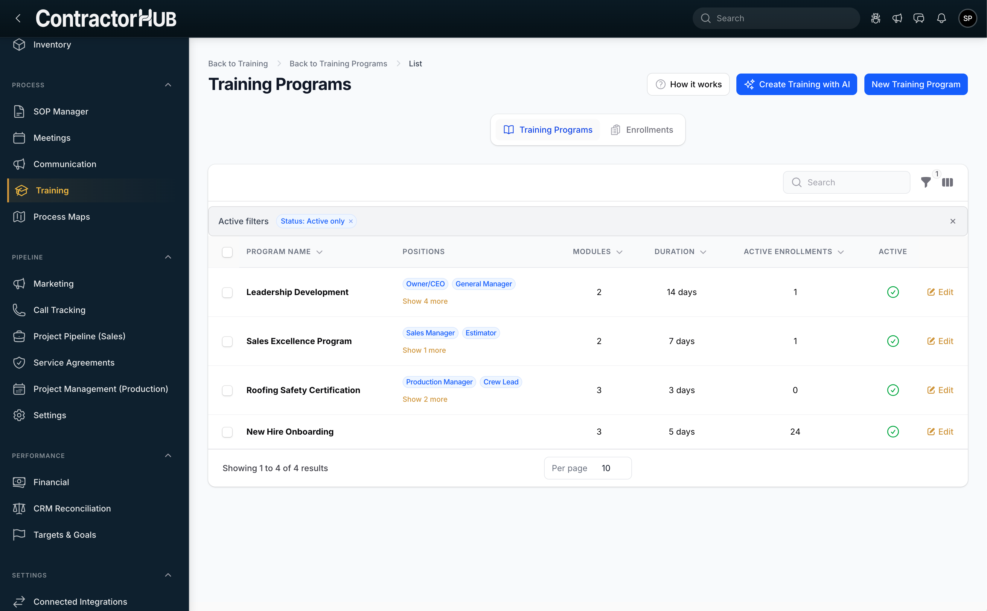 ContractorHUB training programs dashboard