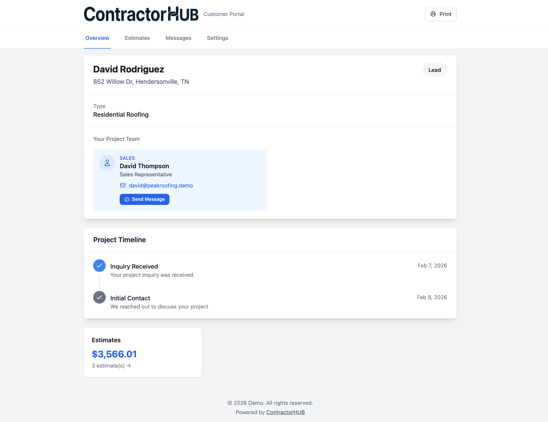 Estimate portal for customers