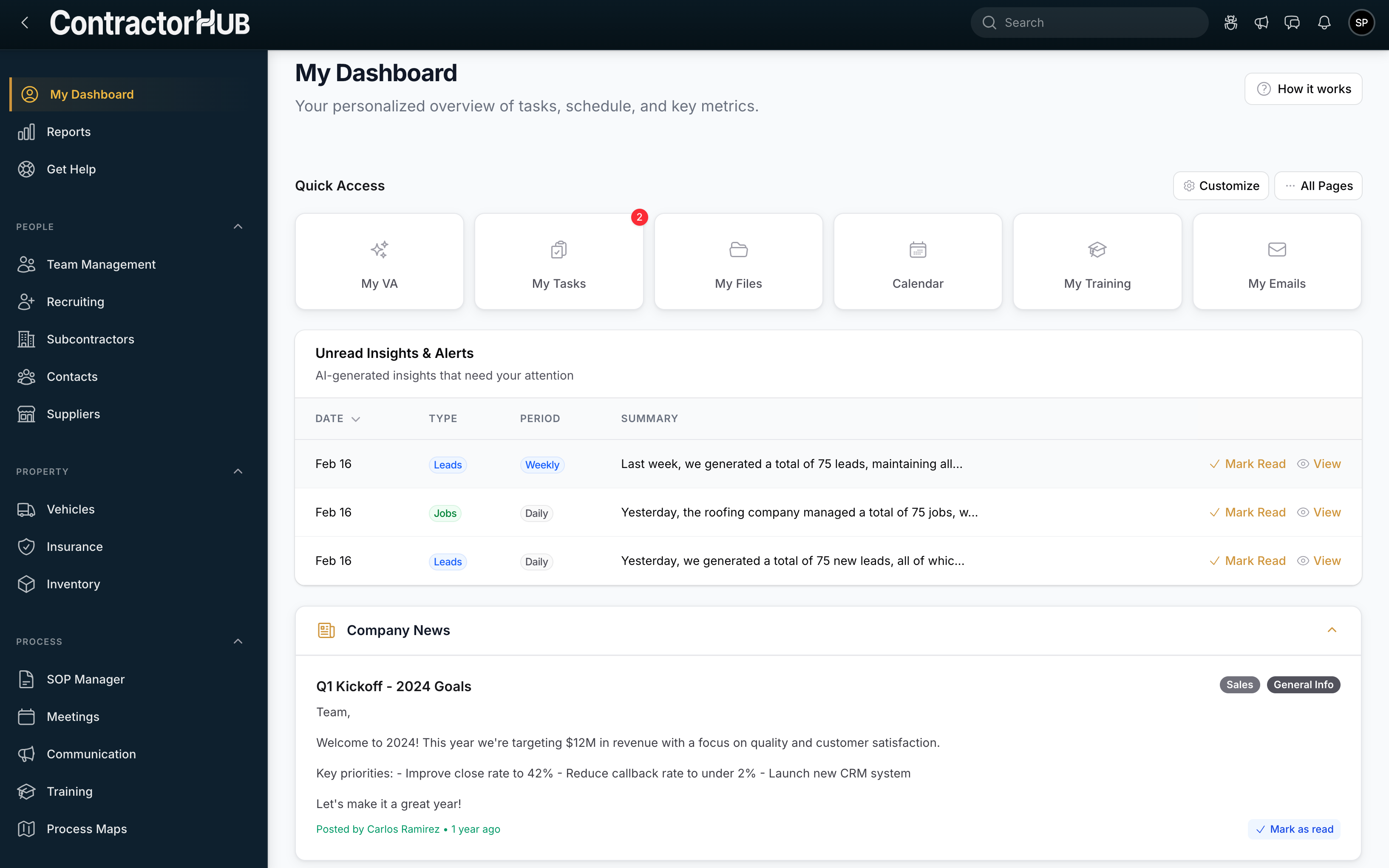 ContractorHUB command center dashboard