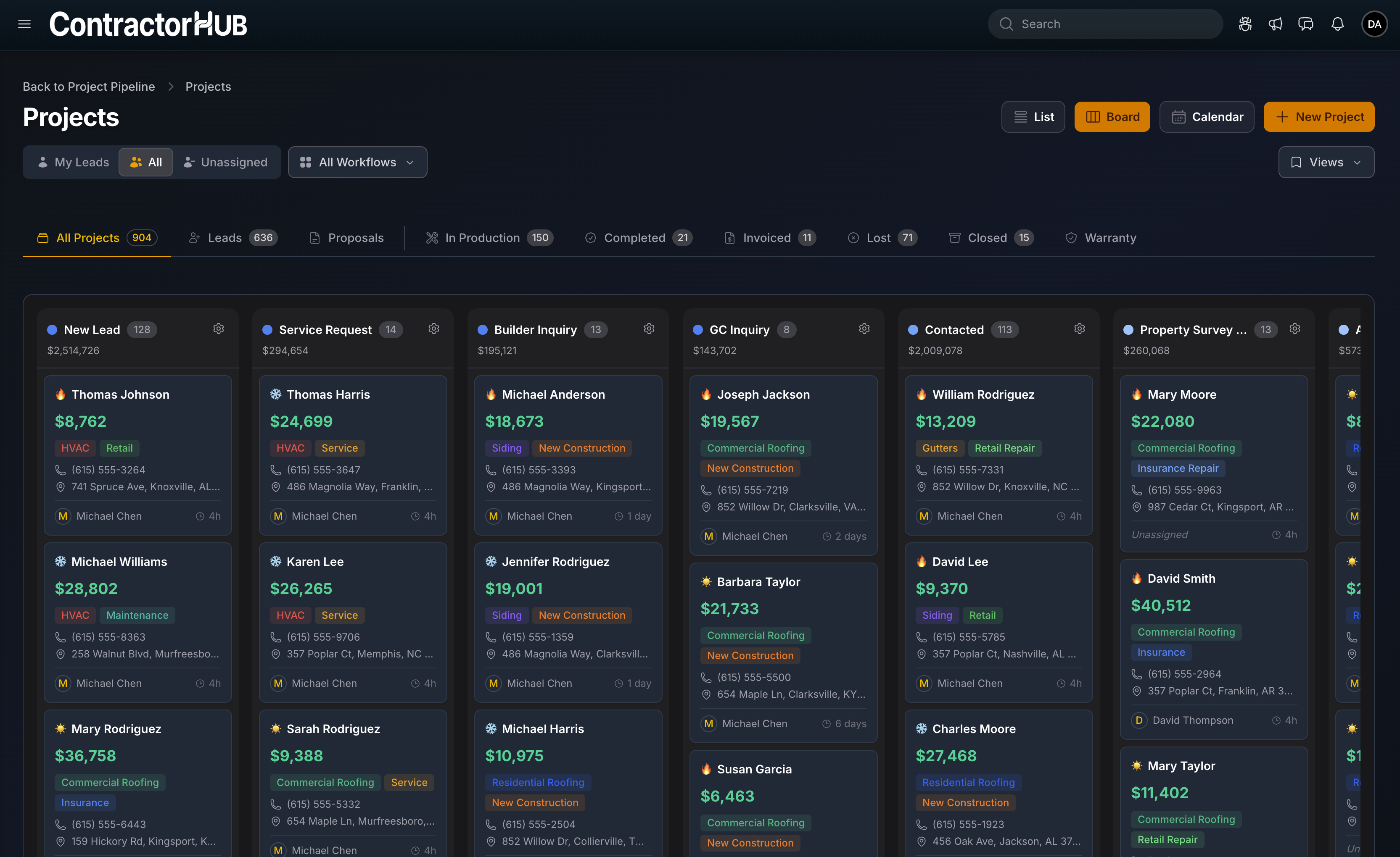 Screenshot of the home services crm projects kanban board.